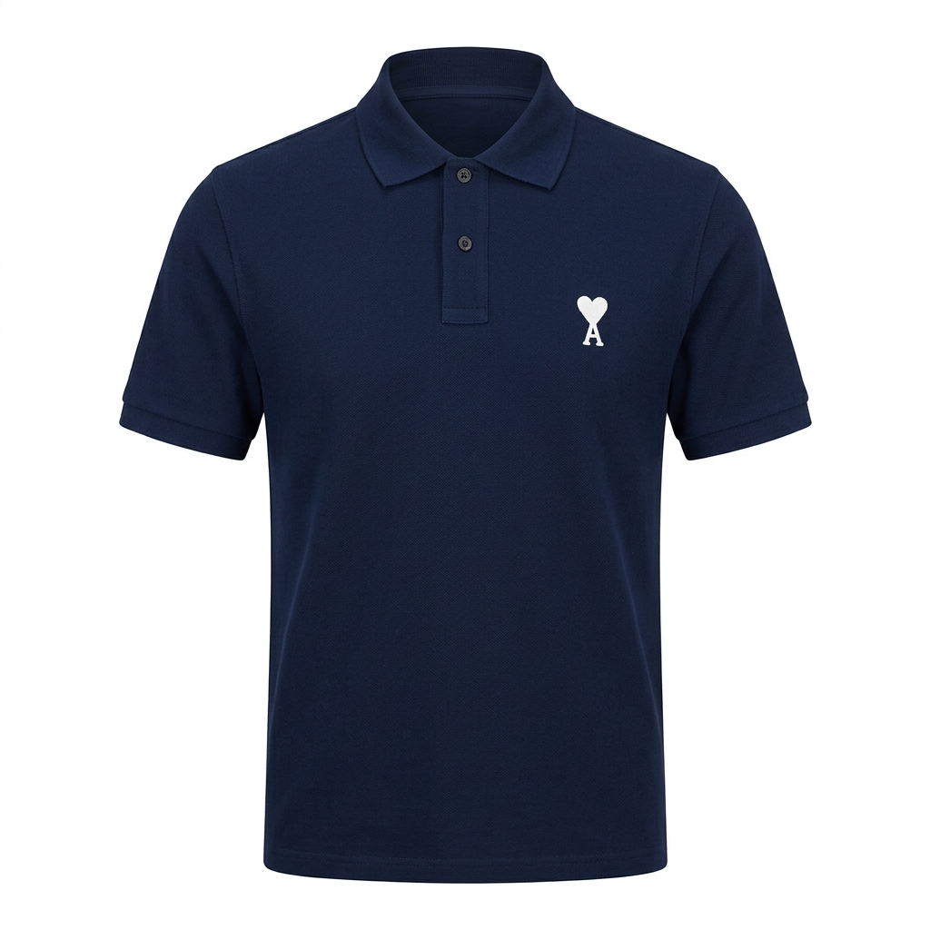 Navy short-sleeve collared polo with a small white heart-and-letter chest detail