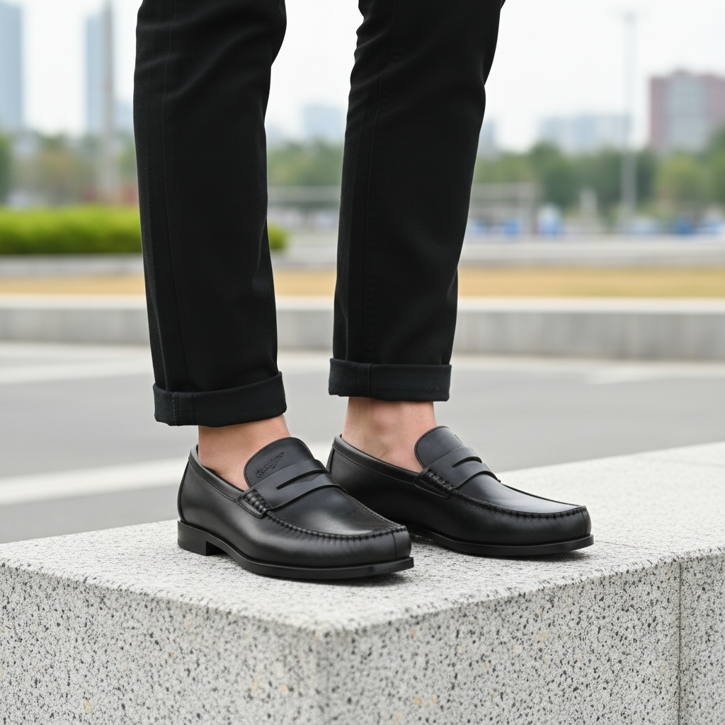 Model wearing all-black smooth leather penny loafers leg shot