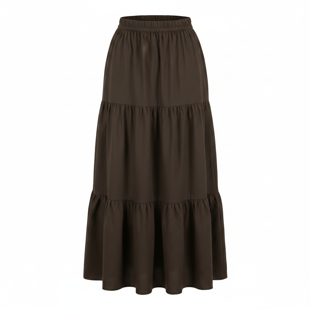Ghost mannequin view of brown tiered A-line maxi skirt