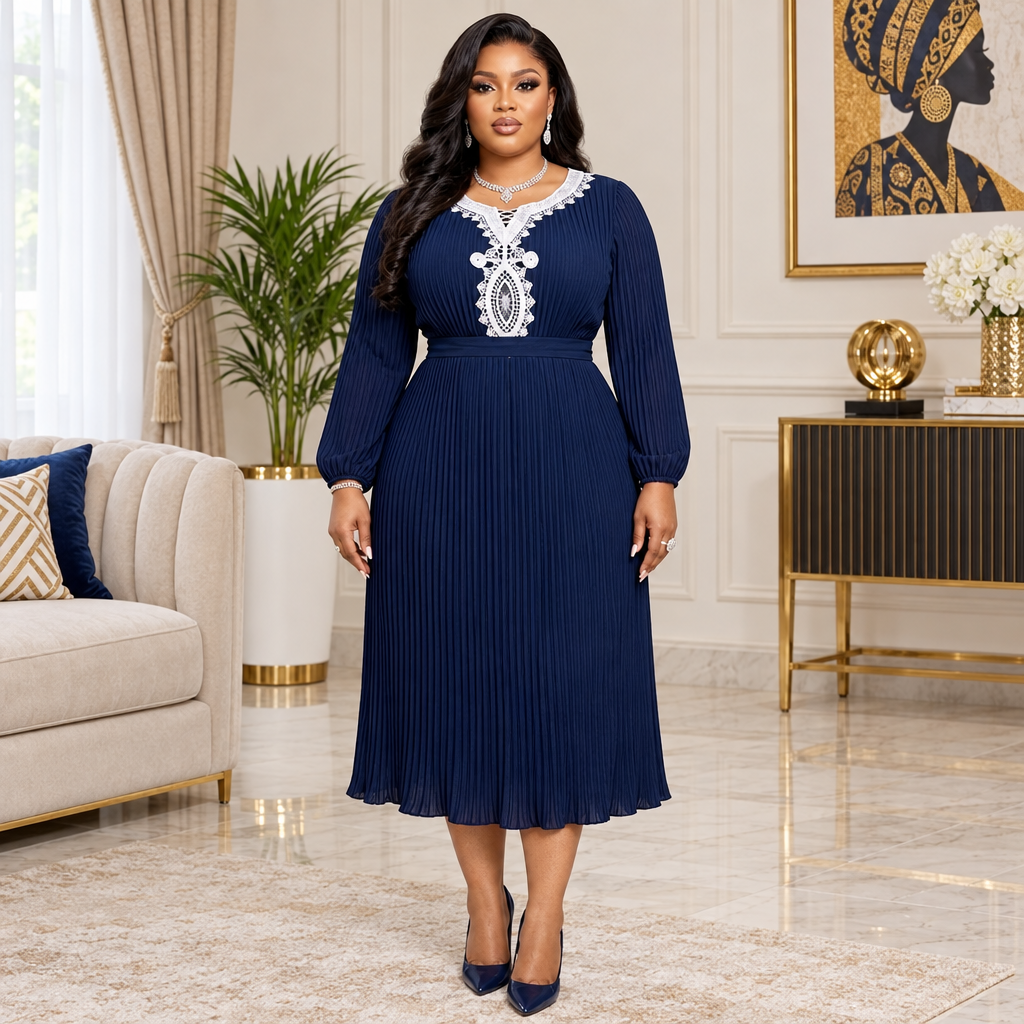 Woman wearing a navy blue pleated midi dress with white lace detail