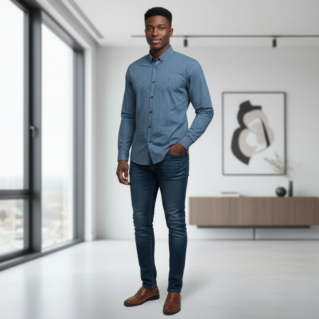 Men's Navy Floral Print Dress Shirt – Model Shot