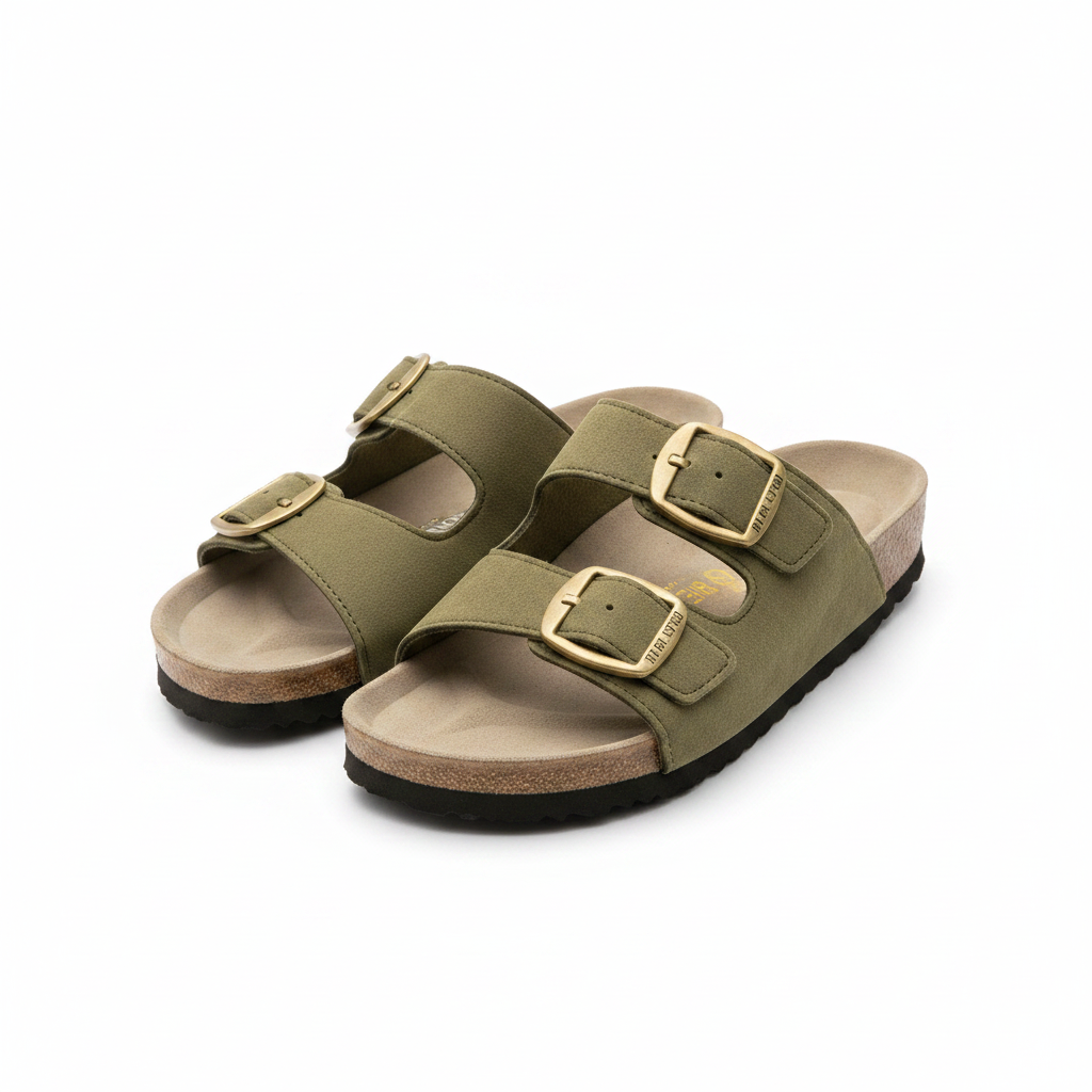 Women's Double-Buckle Flat Slide Sandal - Olive Green Ghost Mannequin