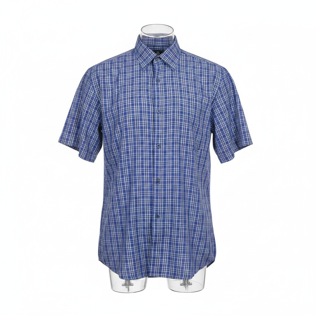 Ghost mannequin of blue tartan plaid short-sleeved shirt