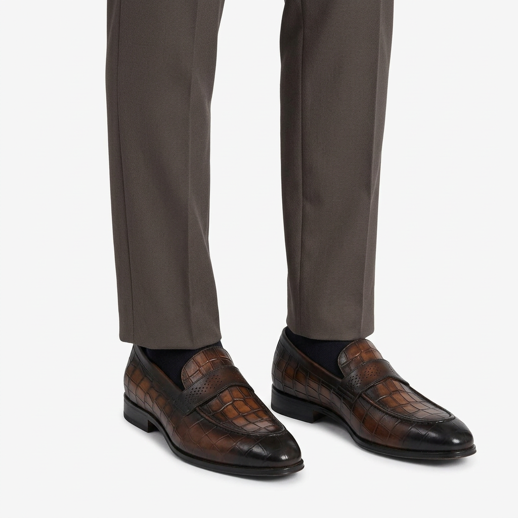 Burnished brown croc-pattern loafers worn on both feet with tailored trousers on a white studio background