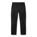 Black cargo trousers with waist ties and buttoned thigh pockets on white