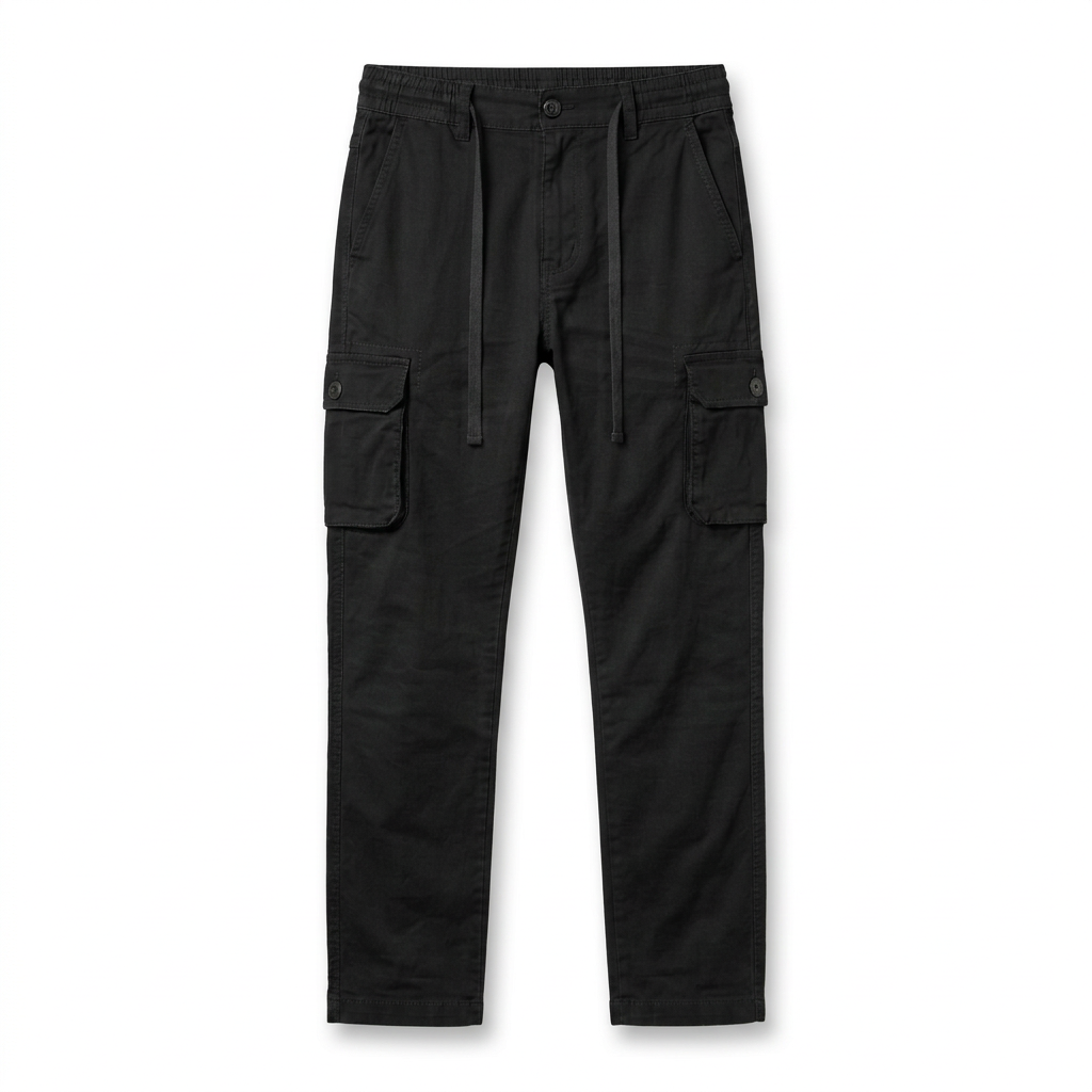 Black cargo trousers with waist ties and buttoned thigh pockets on white