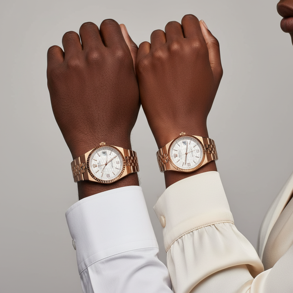 Nigerian male and female model wrist shot — full rose gold couple watch