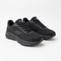 All-black knit running sneakers with cushioned sole, centred on a plain off-white background
