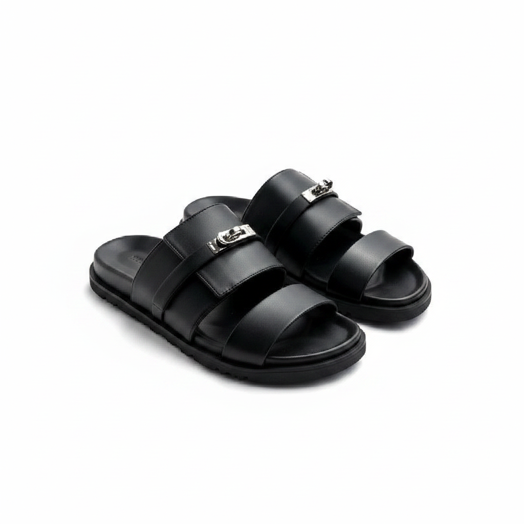 Men's black double-strap platform slide slipper — ghost mannequin view