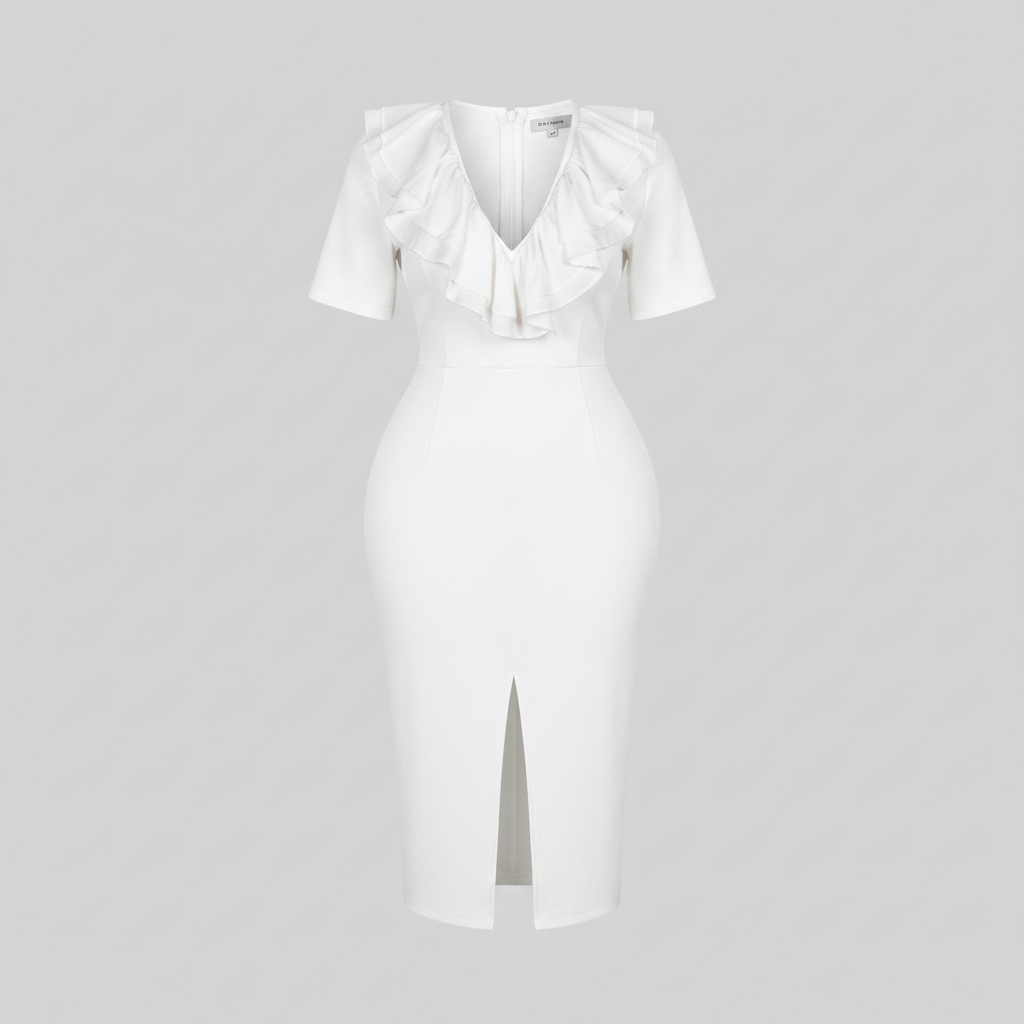 Women's white ruffle neck bodycon midi dress – ghost mannequin view