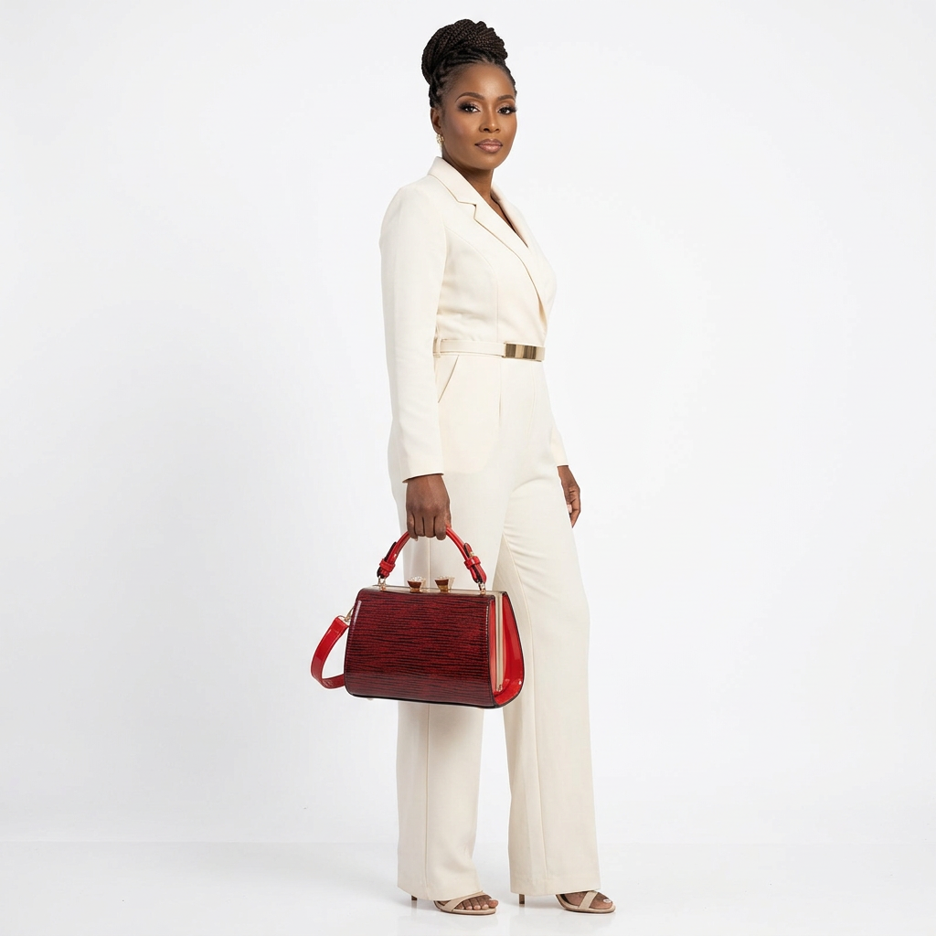 Black female model carrying a ruby-red frame handbag in a white studio