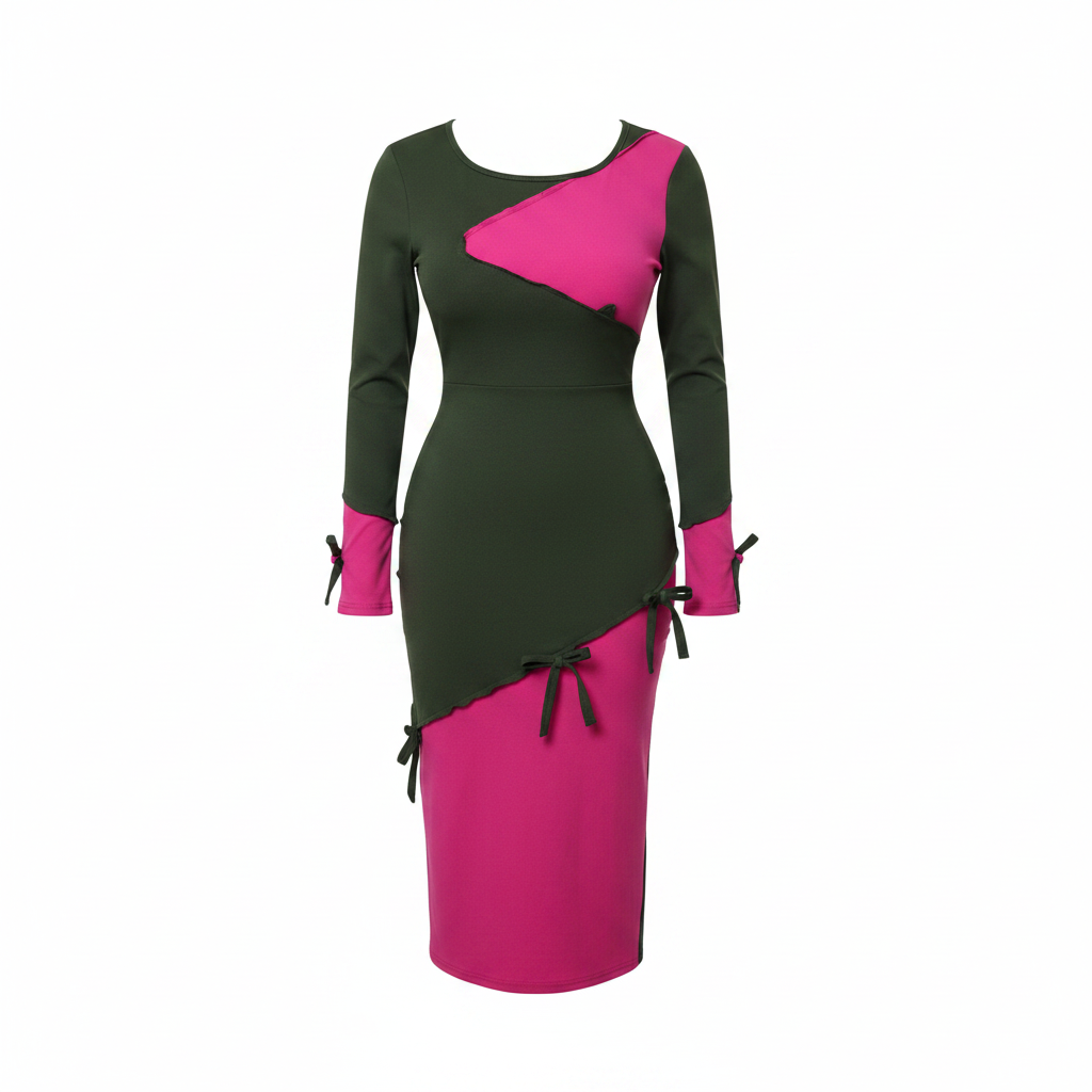 Ghost mannequin view of Women's Dark Green & Hot Pink Diagonal Colour-Block Tie-Cuff Long-Sleeve Bodycon Midi Dress