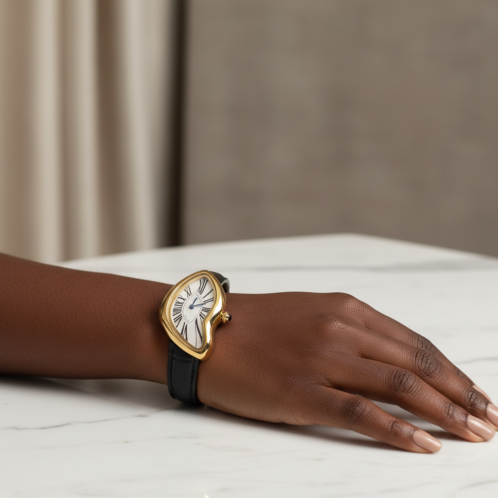 Black Nigerian woman wrist shot wearing asymmetric yellow gold watch with black strap