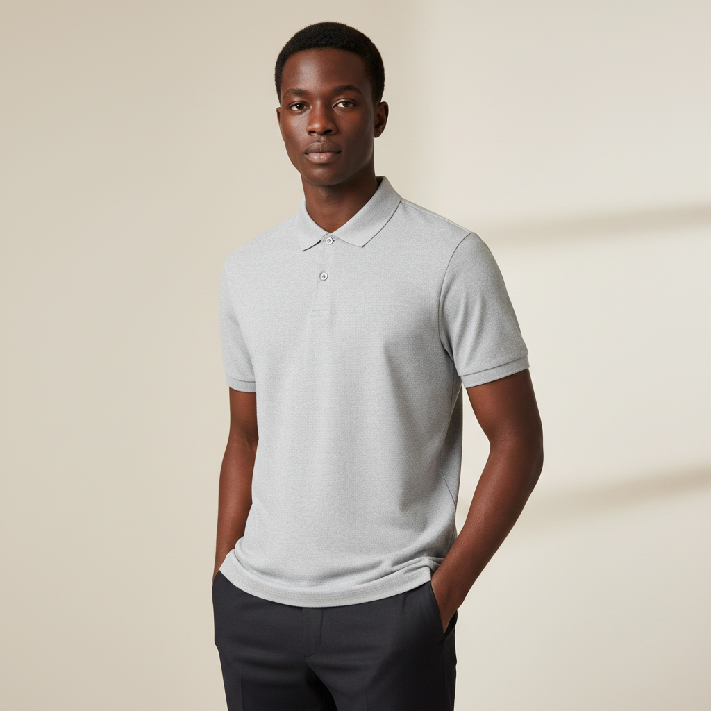 Nigerian model wearing light grey plain polo shirt