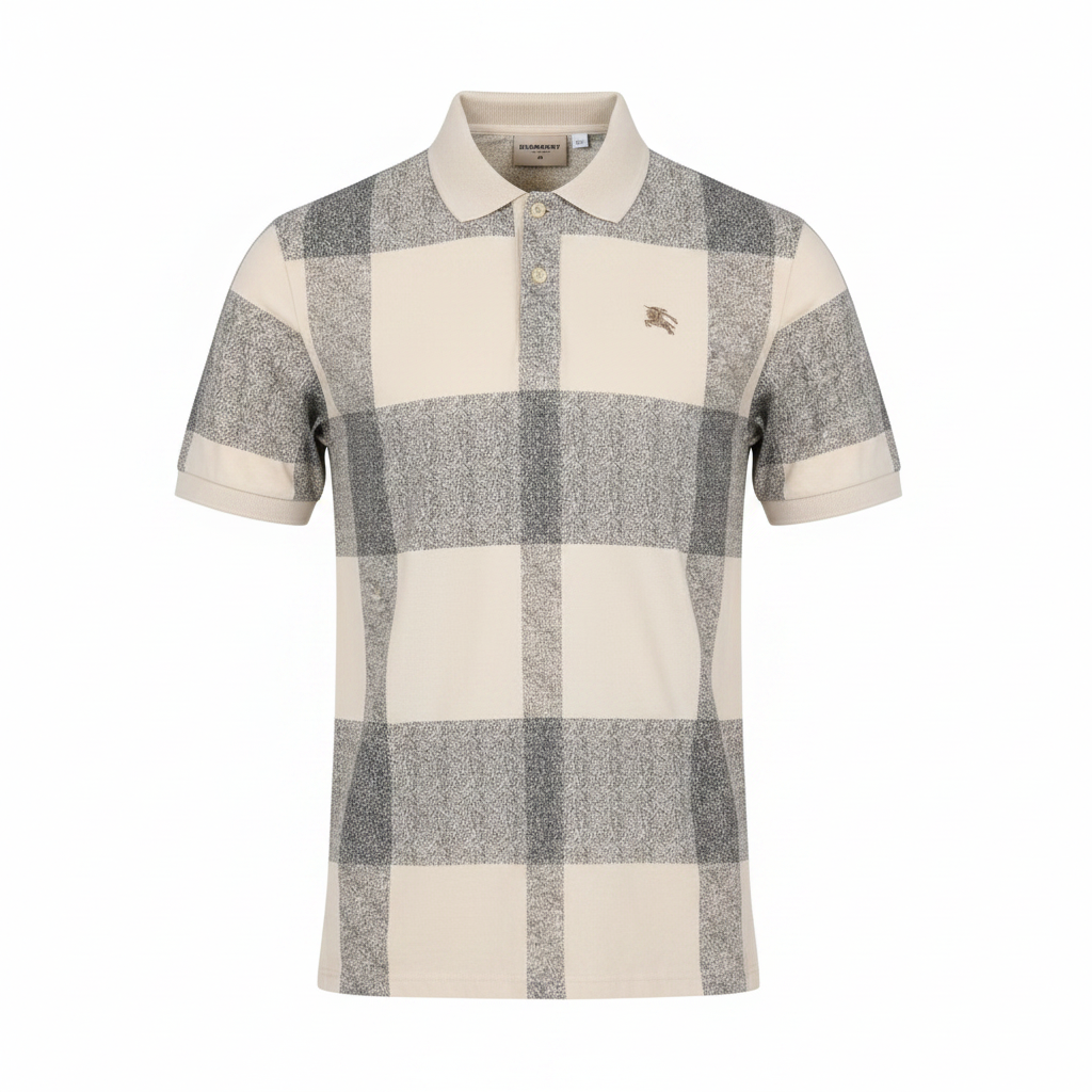 Men's cream and grey large-scale check plaid polo shirt ghost mannequin front view