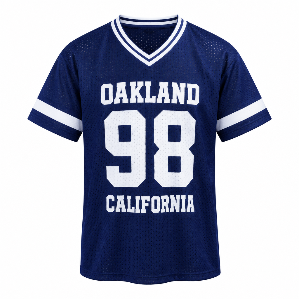 Oakland 98 California navy blue mesh varsity jersey ghost mannequin on white background