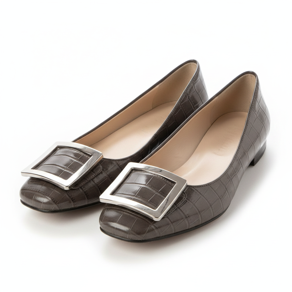 Women's dark grey charcoal croc flat pumps with silver buckle – ghost mannequin pair