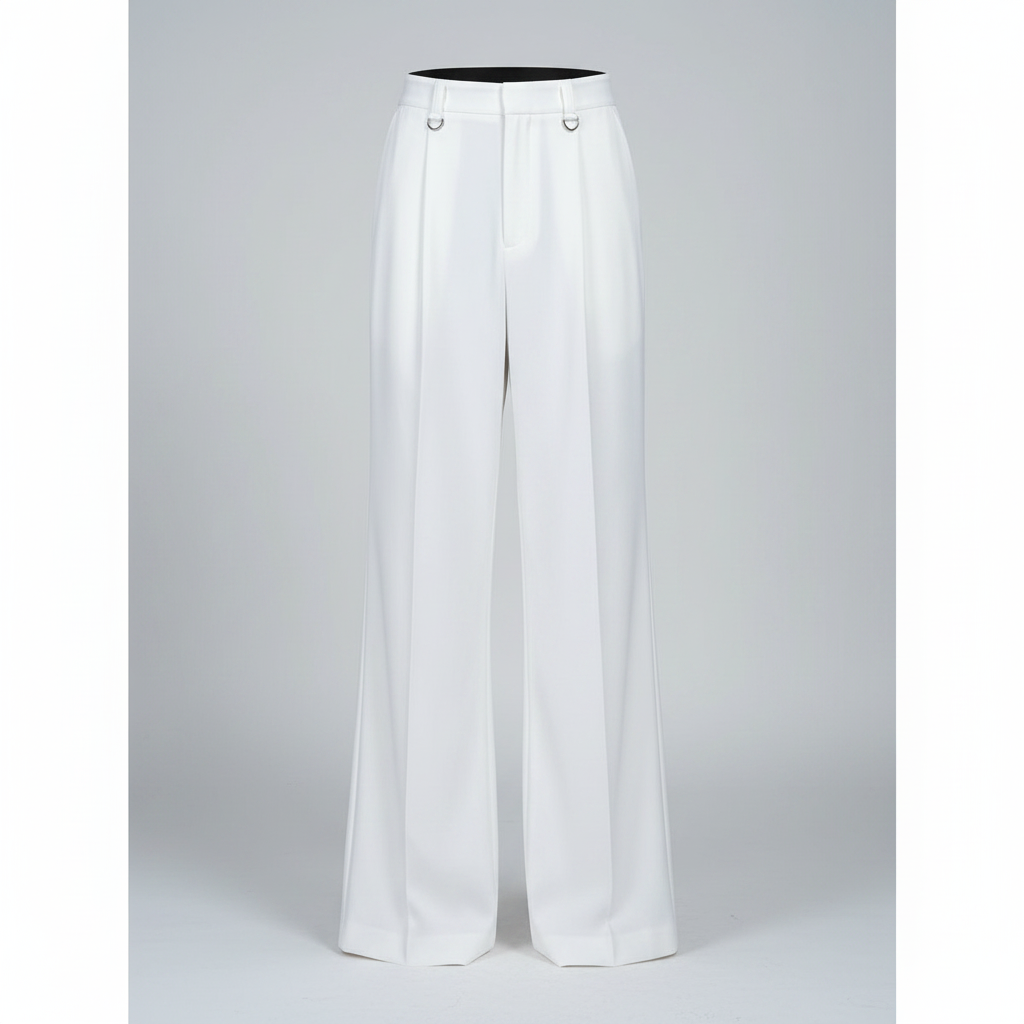 Ghost mannequin view of white wide-leg palazzo trousers