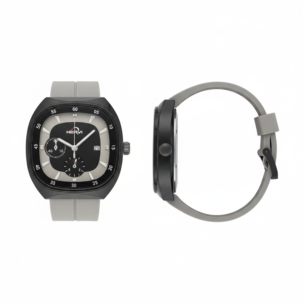 Full black multi-dial watch with grey strap shown from the front and side on a white background