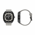 Full black multi-dial watch with grey strap shown from the front and side on a white background