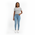 White & Black Stripe Ribbed Knit Short Sleeve Top – Model Shot