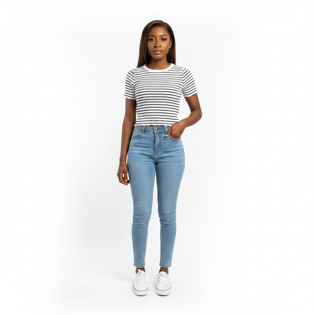 White & Black Stripe Ribbed Knit Short Sleeve Top – Model Shot