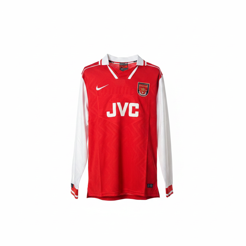 Red and white long-sleeve retro football jersey with textured panel and polo collar, ghost mannequin front view