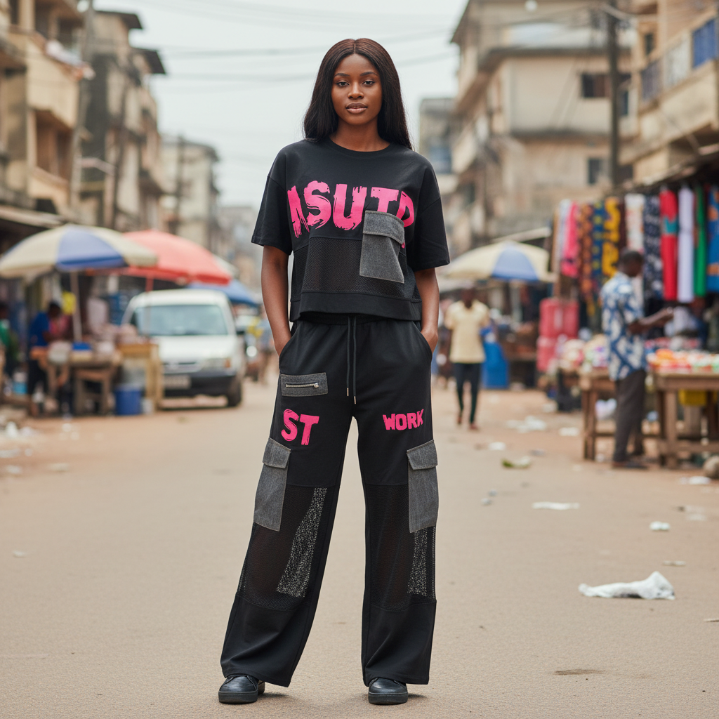 Young Nigerian female model wearing black pink mesh graphic cargo set