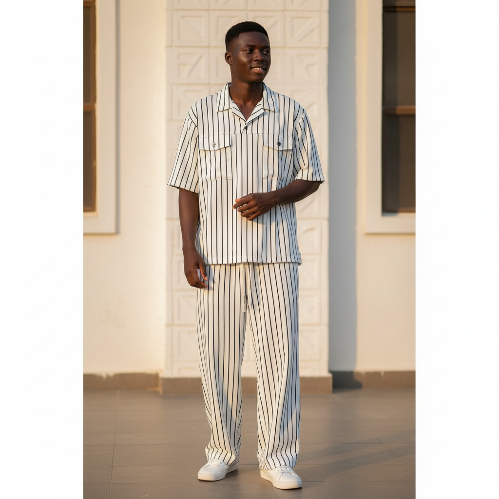 Male model wearing white pinstripe polo and trouser two-piece set
