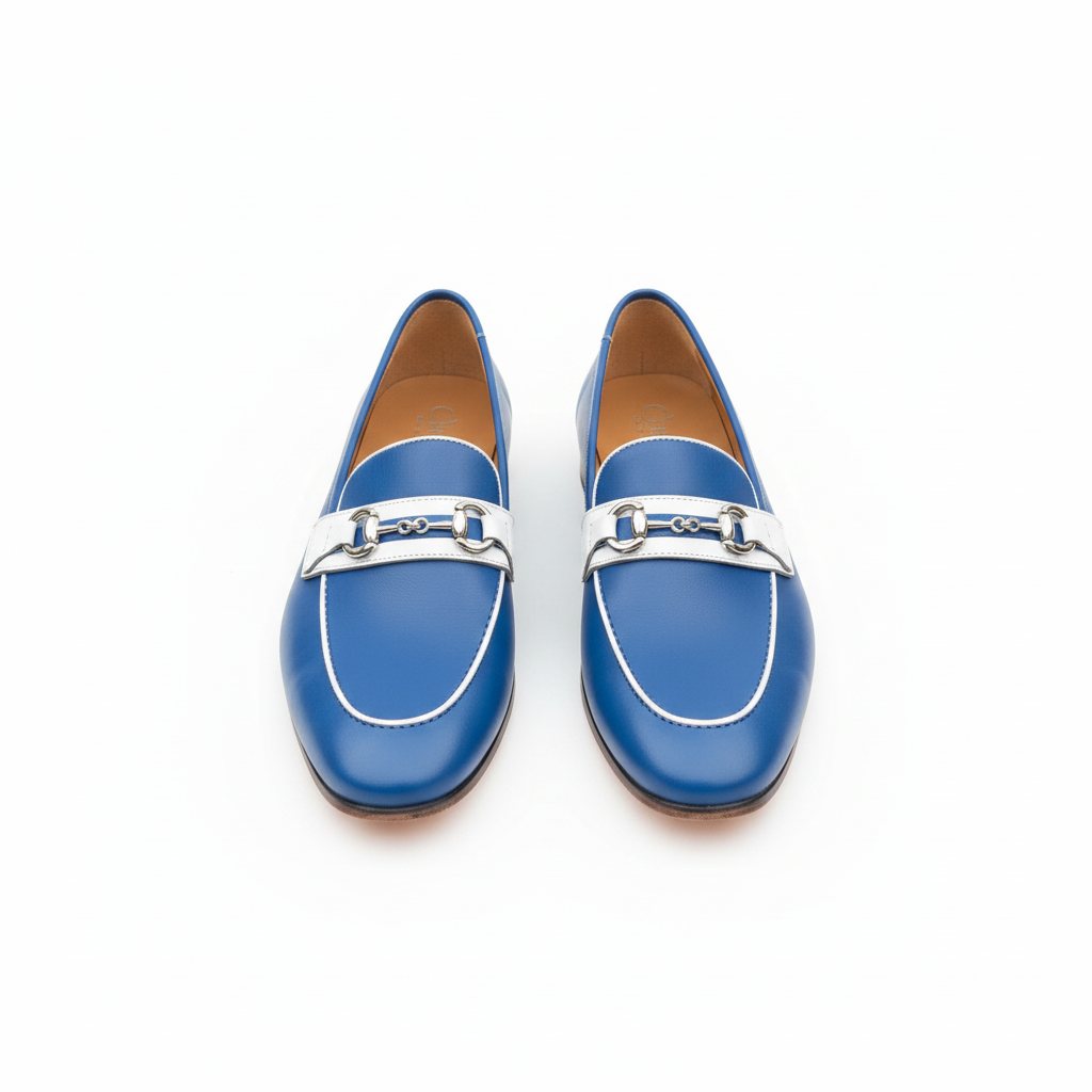 Men's royal blue leather horsebit loafer with white trim - ghost mannequin pair view