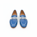 Men's royal blue leather horsebit loafer with white trim - ghost mannequin pair view