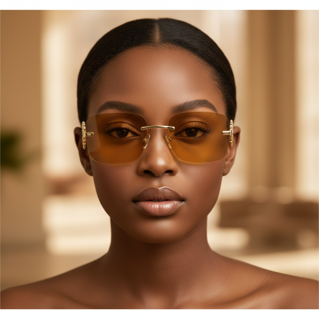 Nigerian female model wearing rimless square-cut sunglasses solid amber yellow-orange lens slim gold bridge ornate interlocking circle logo temple hardware tortoiseshell insert