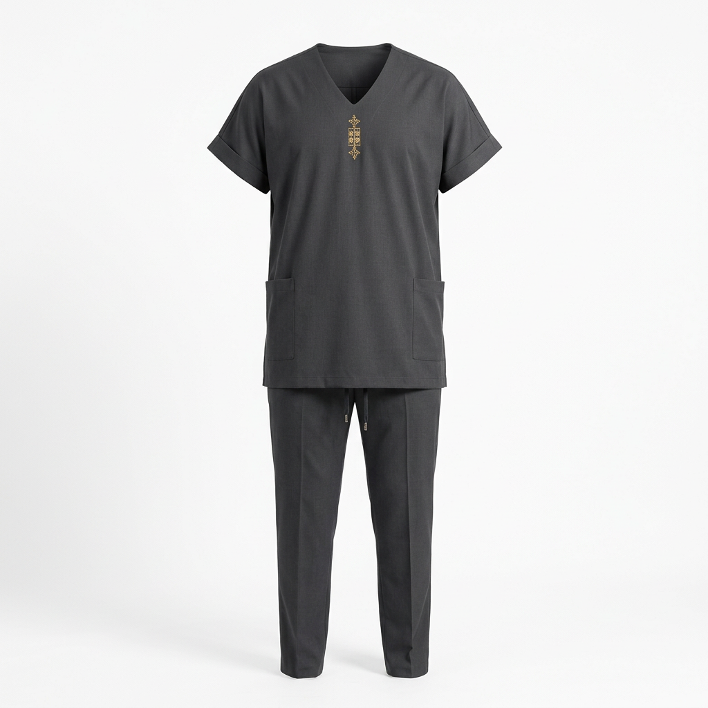 Charcoal gold-motif V-neck top and drawstring trousers on white background