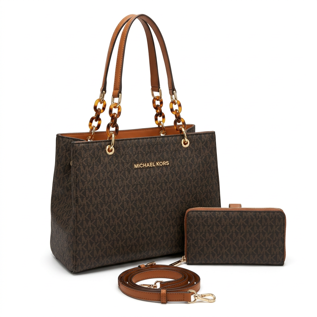 Chocolate-brown monogram tote with chain-link handles, matching purse and brown strap on white