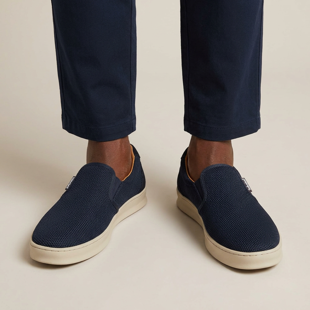 Man wearing both navy slip on sneakers on plain studio floor