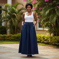 Nigerian female model wearing women's dark navy denim drawstring maxi skirt