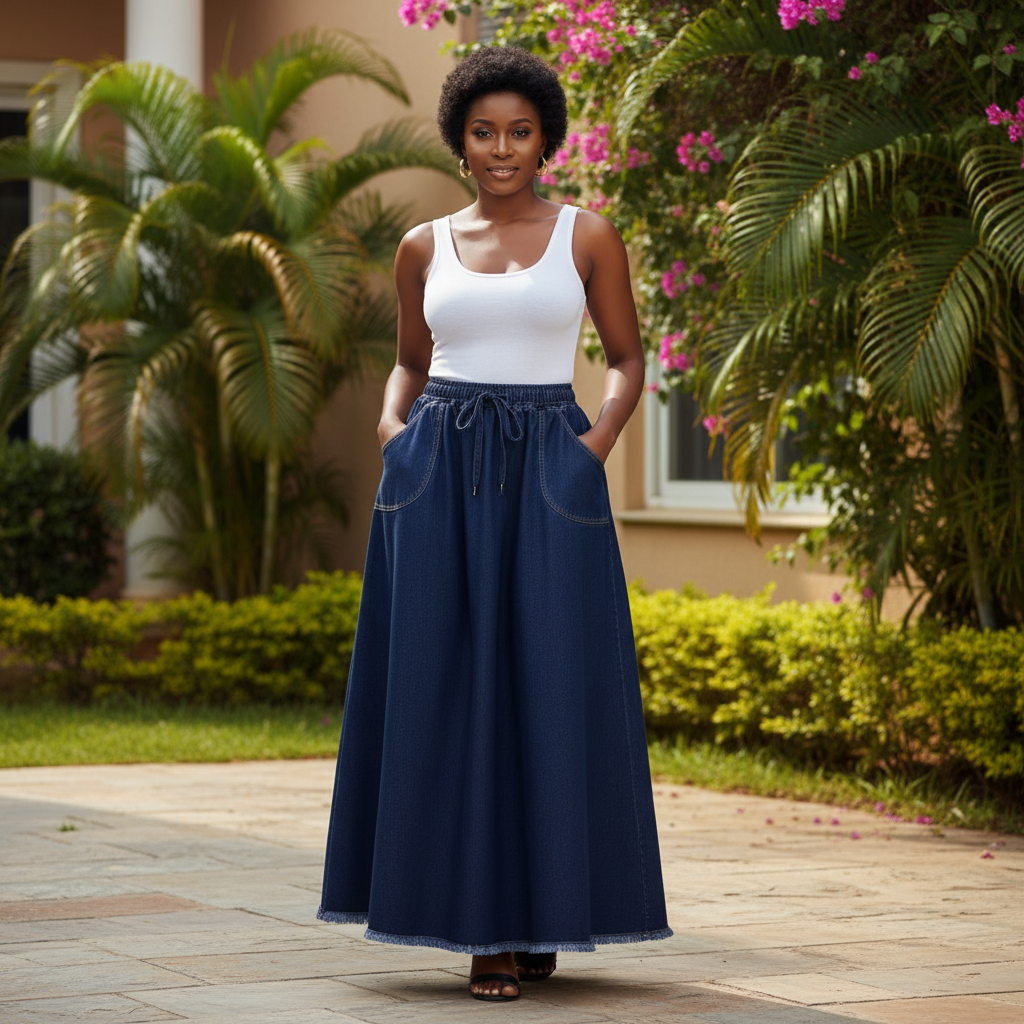 Nigerian female model wearing women's dark navy denim drawstring maxi skirt
