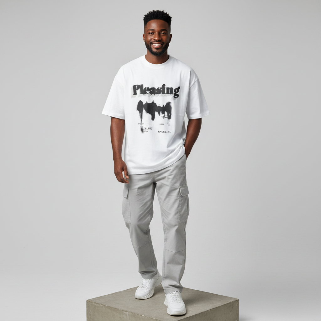 White Pleasing Graphic Oversized Tee - Male Model Front