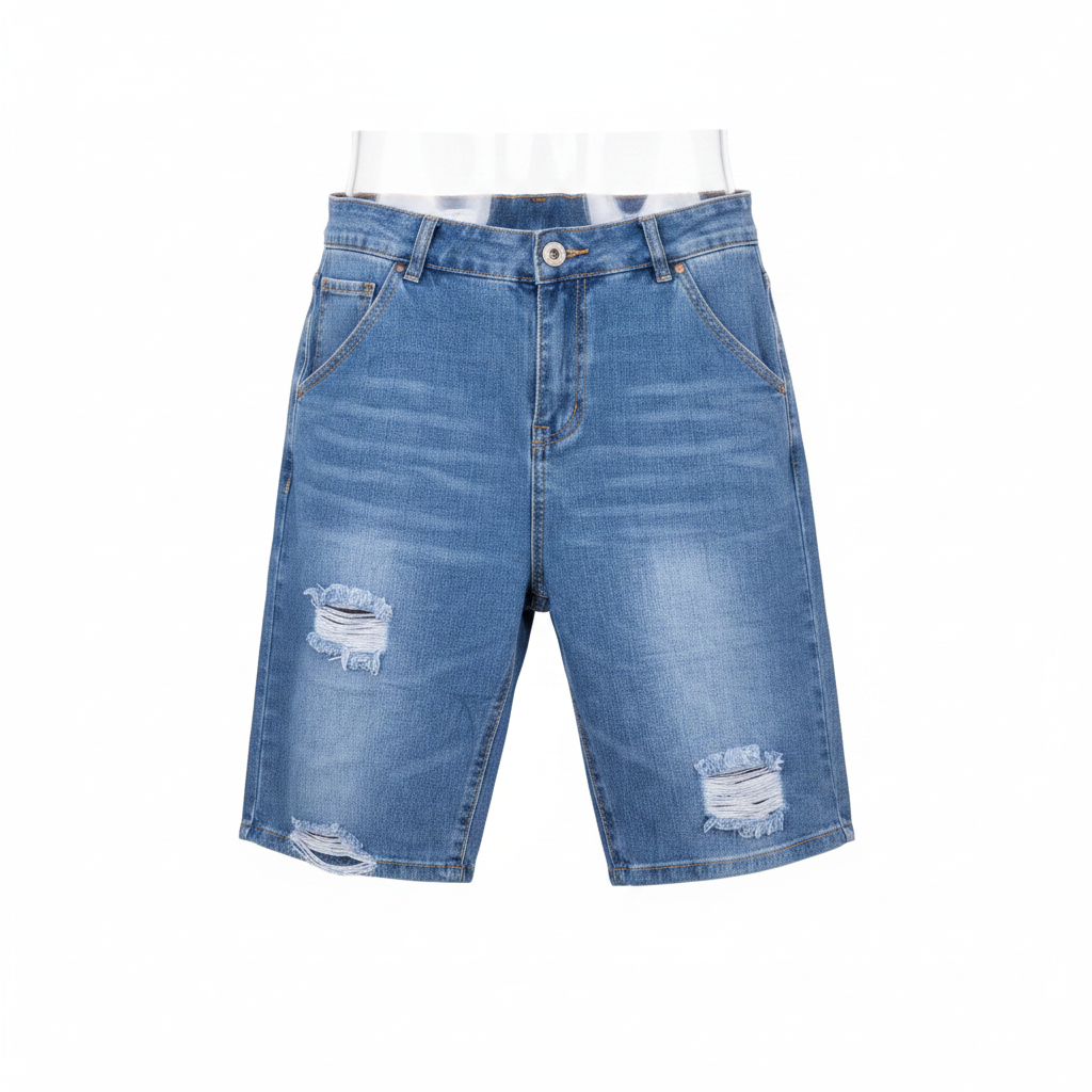 Ghost Mannequin Front – Light Blue Ripped Denim Shorts