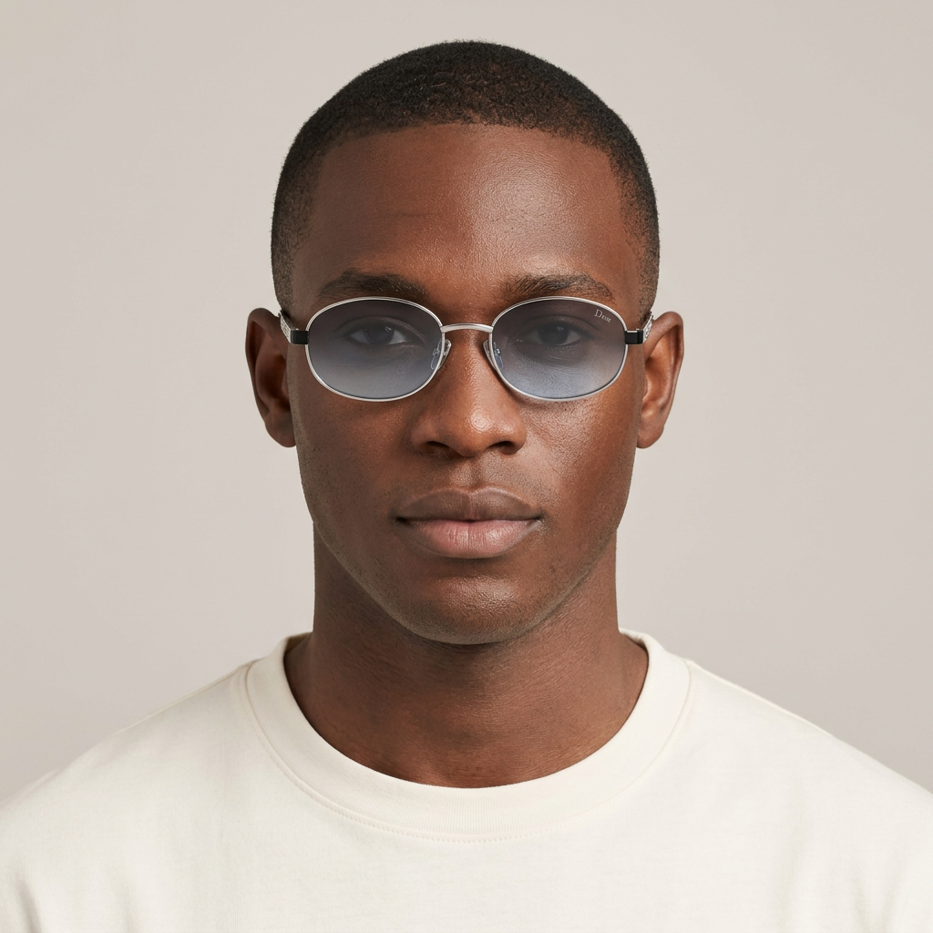 Nigerian Black male model wearing silver-tone rounded gradient sunglasses