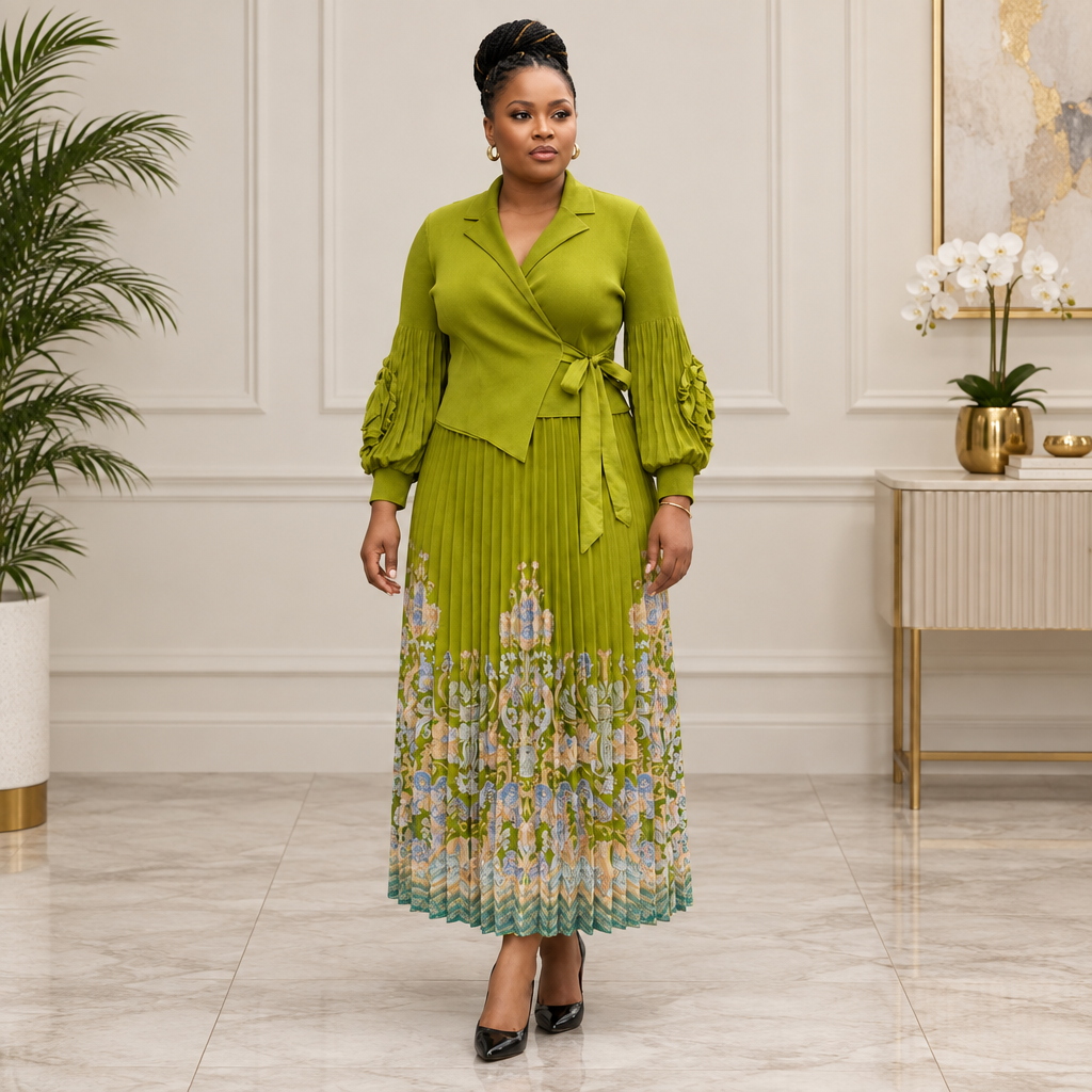 Adult Black woman wearing lime-green printed-hem pleated dress