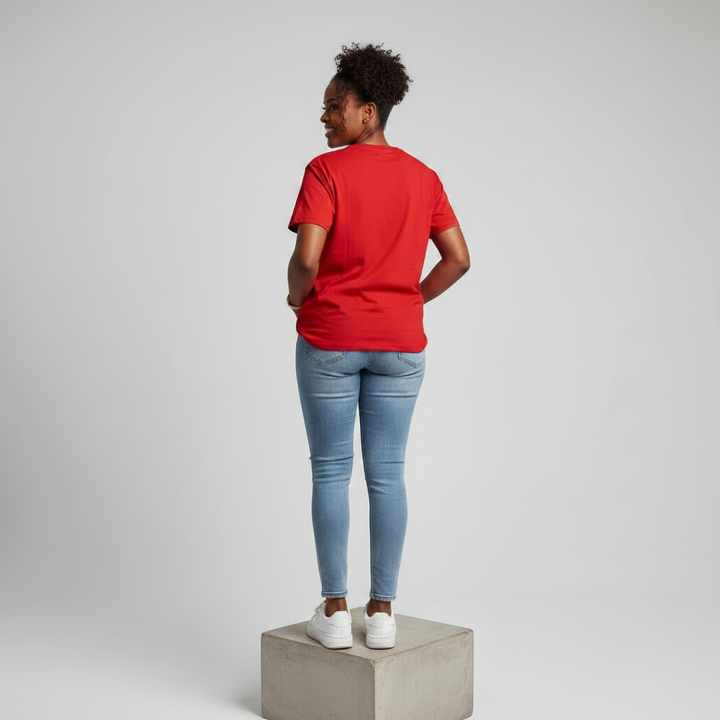 Nigerian female model back view wearing plain red T-shirt - consistent model