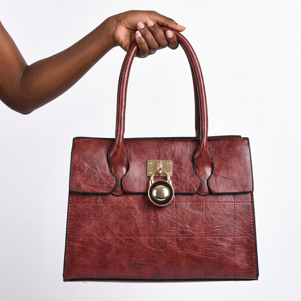 Wine handbag held by one hand at the top handles against a white background