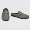 Men's grey buckle strap mule slippers, front and side view