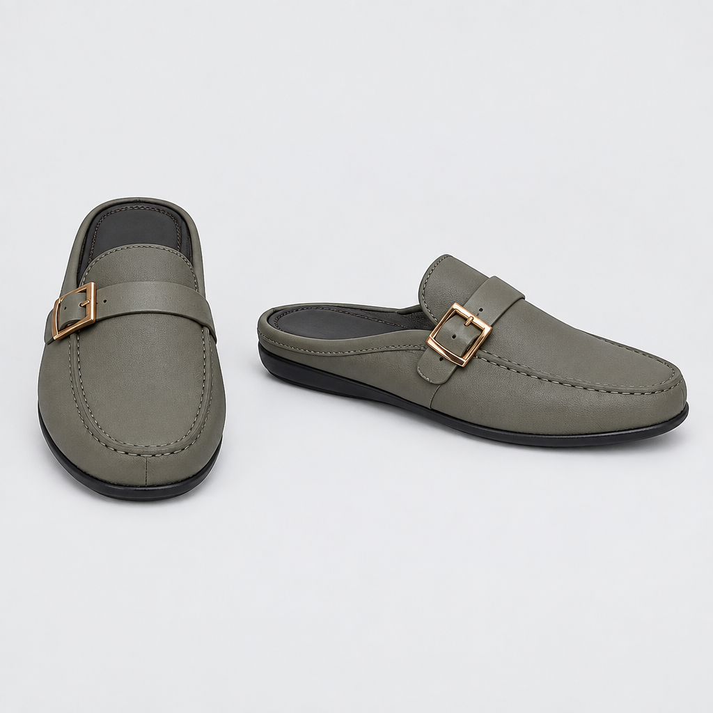 Men's grey buckle strap mule slippers, front and side view