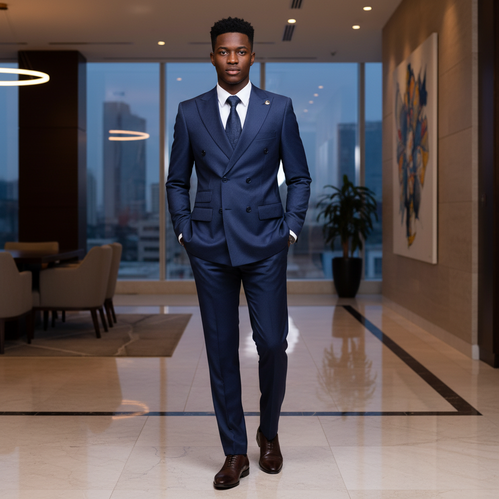 Young Nigerian male model wearing navy blue pinstripe double-breasted suit set