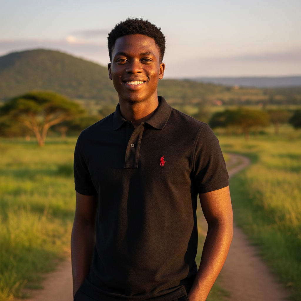 Nigerian model wearing Premium Ralph Black Pique Polo Shirt