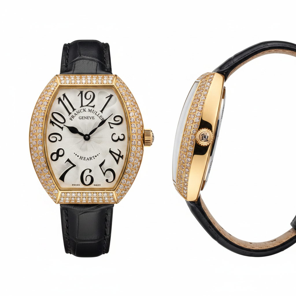 Women's gold diamond bezel tonneau watch — ghost mannequin front and side view