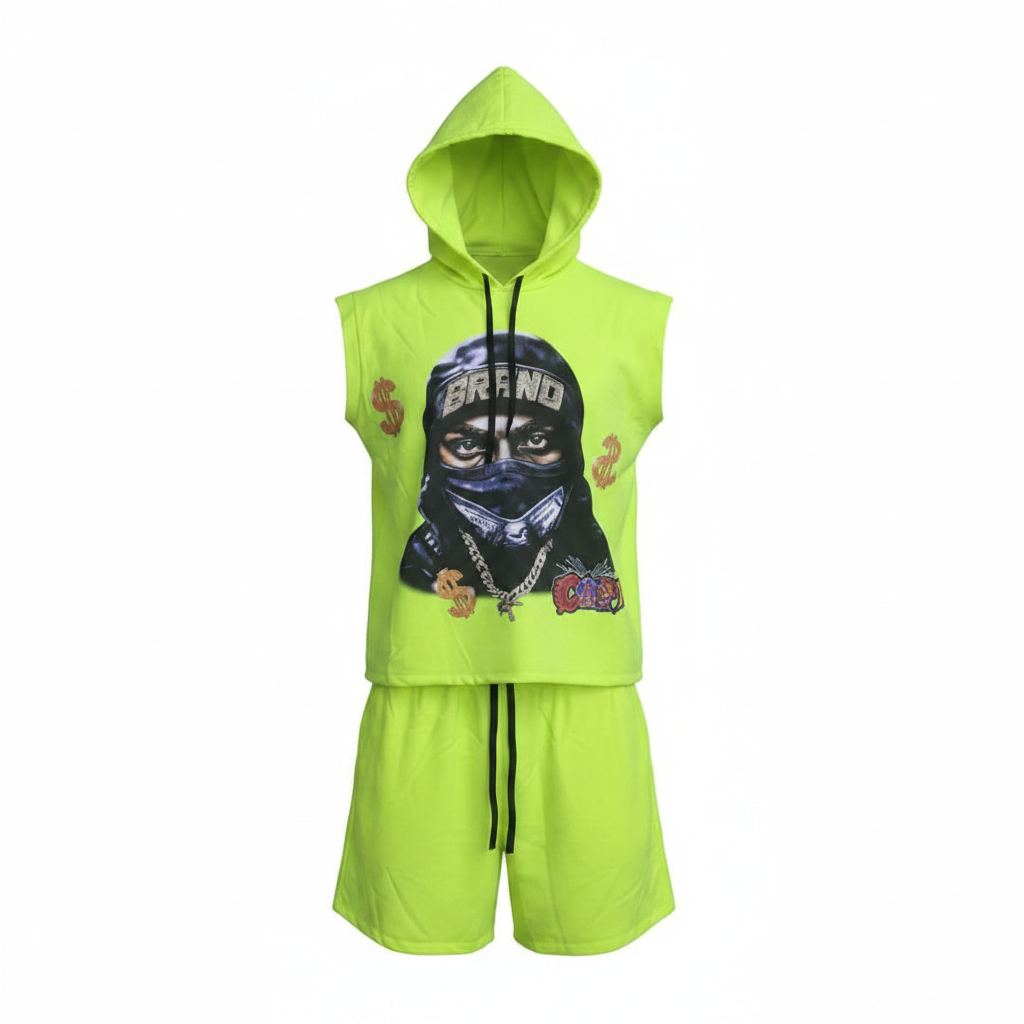 Neon yellow-green sleeveless hoodie and shorts two-piece set ghost mannequin full outfit view