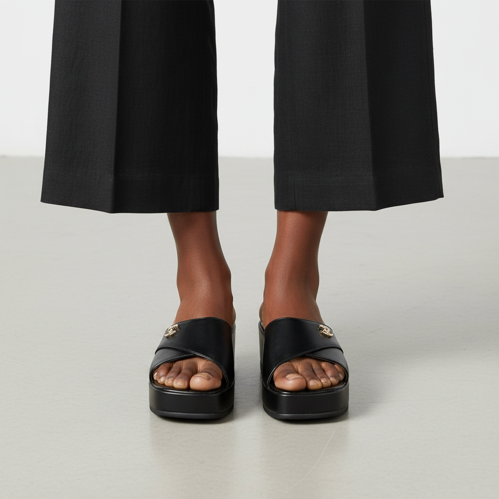 Women's Cross-Strap Platform Wedge Slide - Black Model Editorial Leg Zoom